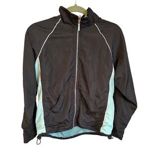 Womens Black‎ Track Jacket Full Zip White Trim Athletic Teal Accents Large
